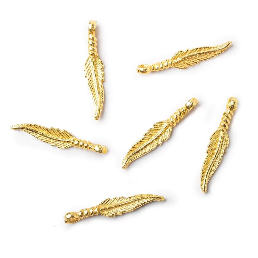 25x5mm 22kt Gold plated Feather Charm, 6 pieces - Beadsofcambay.com