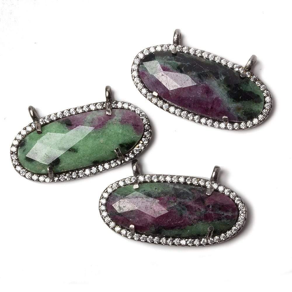 27x13mm Black Gold Bezeled CZ & Ruby in Zoisite Oval East West Connector 1 pc - Beadsofcambay.com