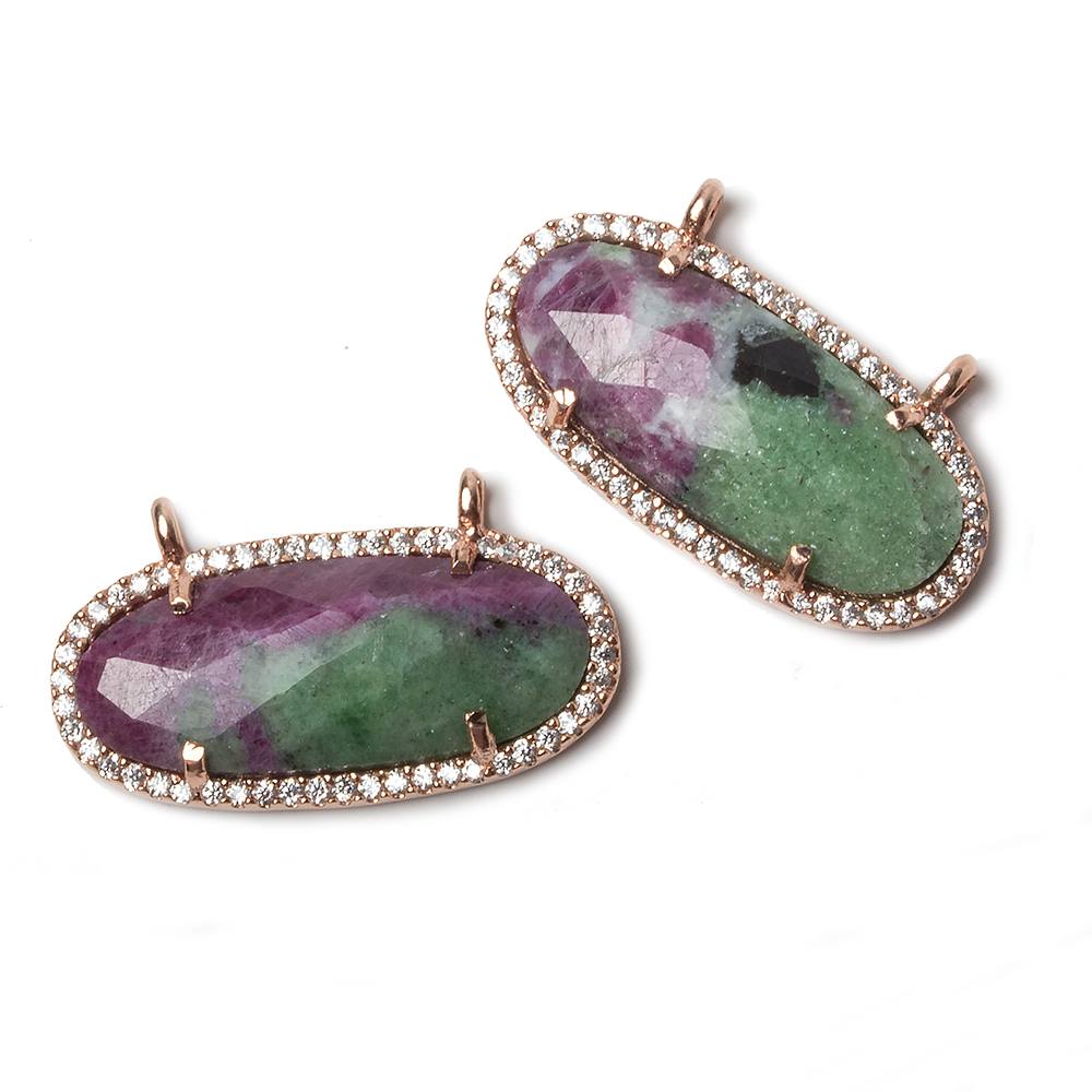 27x13mm Rose Gold Bezeled CZ & Ruby in Zoisite Oval East West Connector 1 pc - Beadsofcambay.com
