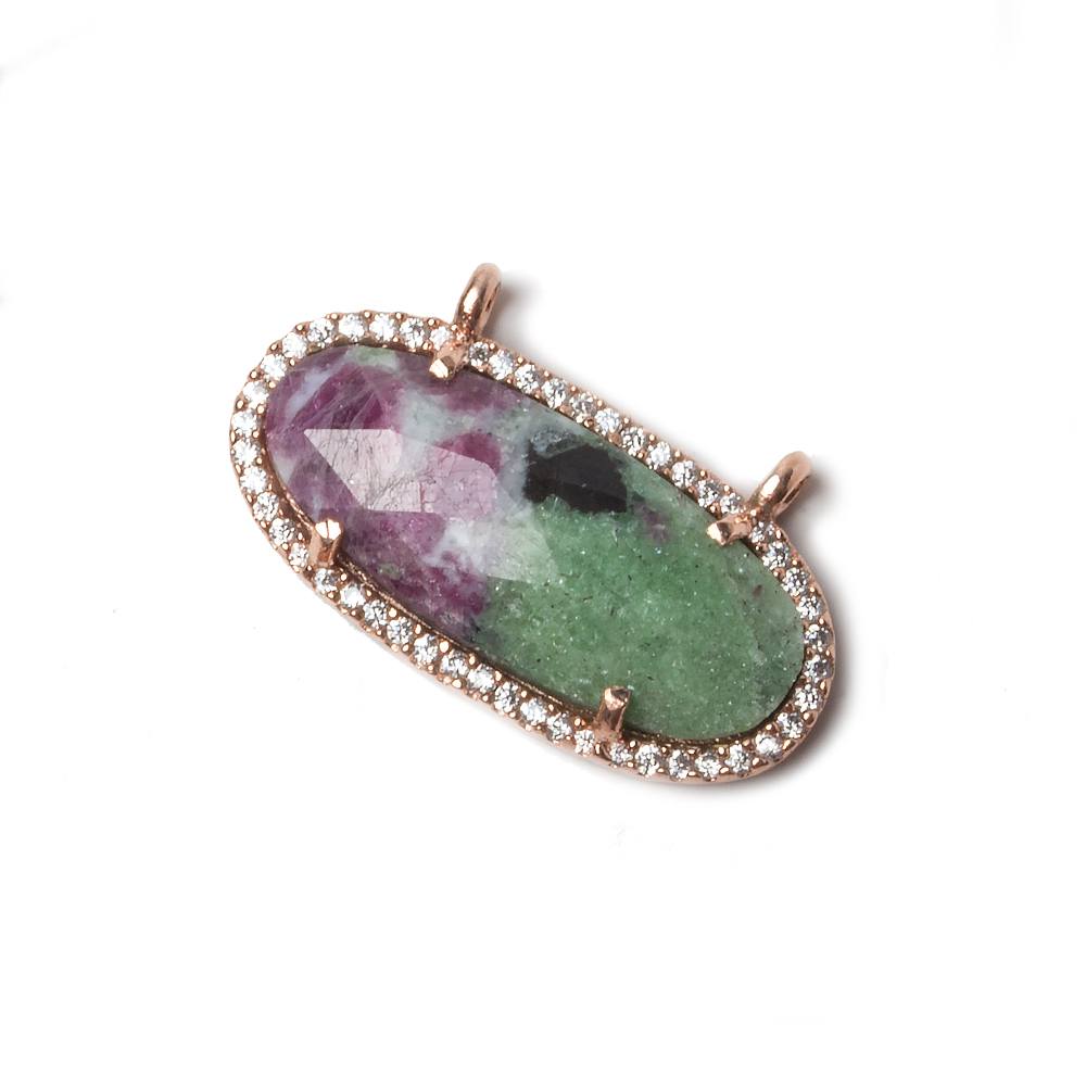 27x13mm Rose Gold Bezeled CZ & Ruby in Zoisite Oval East West Connector 1 pc - Beadsofcambay.com