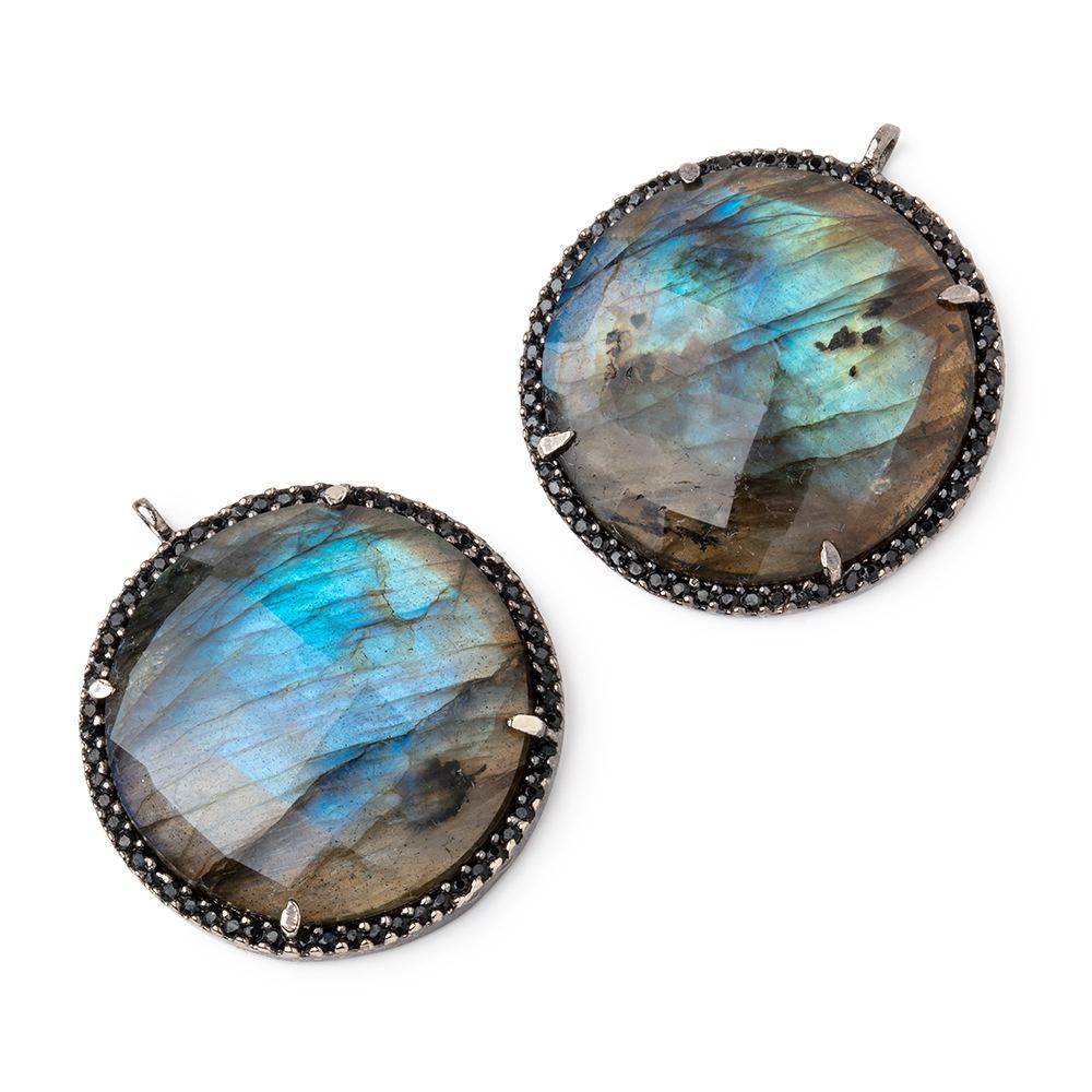 28mm Black Gold & Black CZ Bezel Labradorite Coin Pendant 1 Focal Bead - Beadsofcambay.com