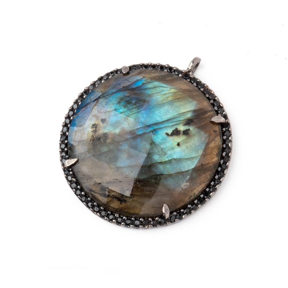 28mm Black Gold & Black CZ Bezel Labradorite Coin Pendant 1 Focal Bead - Beadsofcambay.com