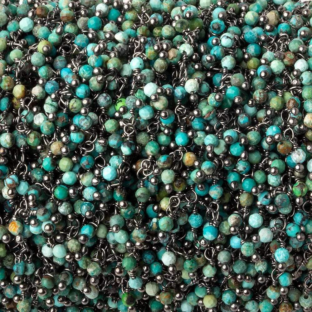2mm Chinese Turquoise micro faceted round Black Gold Dangling Chain by the foot - Beadsofcambay.com