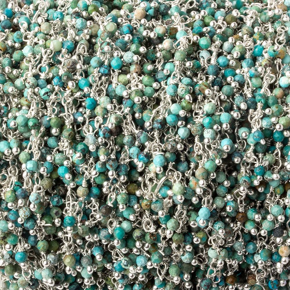 2mm Chinese Turquoise micro faceted round Silver Dangling Chain by the foot - Beadsofcambay.com