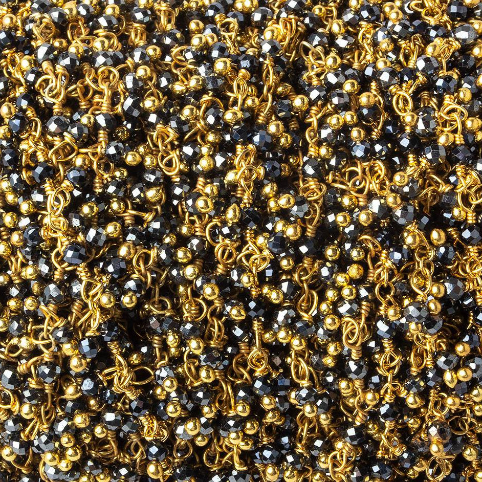 2mm Hematite micro faceted round Gold Dangling Chain by the foot - Beadsofcambay.com