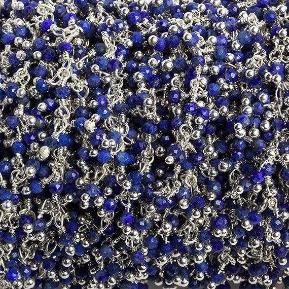 2mm Lapis micro faceted round Silver plated Dangling Chain by the foot 110 pcs - Beadsofcambay.com