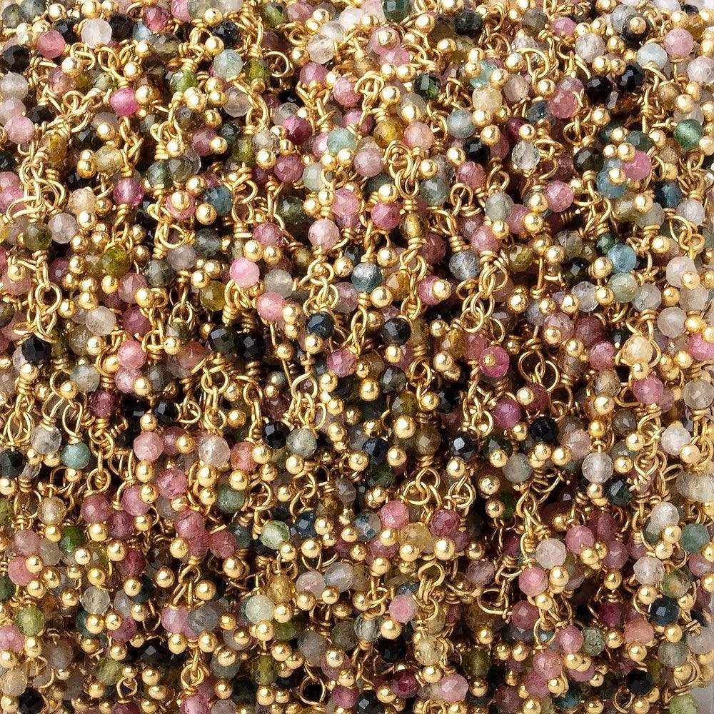 2mm Multi Color Tourmaline micro faceted Gold plated Dangling Chain by the foot - Beadsofcambay.com