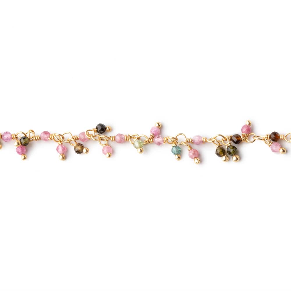2mm Multi Color Tourmaline Micro Faceted Round Gold plated Dangling Chain by the foot - Beadsofcambay.com