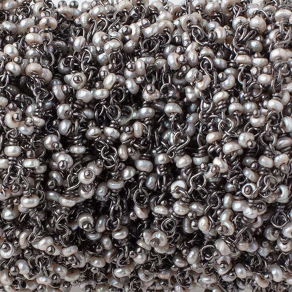 2mm Off White Seed Pearls on Black Gold .925 Dangling Chain by the Foot - Beadsofcambay.com