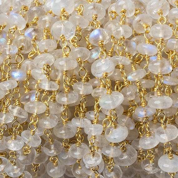 3-4mm Rainbow Moonstone plain rondelle Vermeil Chain by the foot 37 beads - Beadsofcambay.com