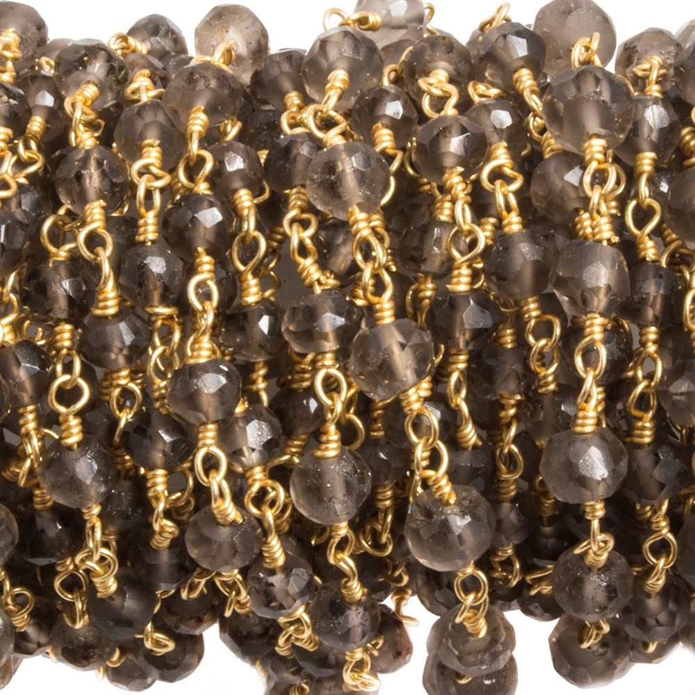 3-4mm Smoky Quartz round Gold plated Chain by the foot 36 pieces - Beadsofcambay.com