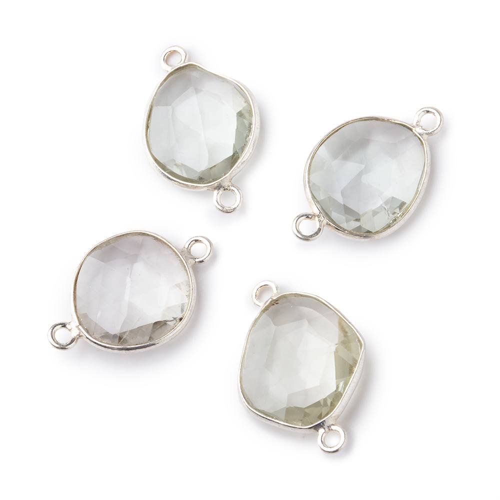 12x11mm Silver .925 Bezel Prasiolite Faceted Nugget Connector Set of 4 Pieces