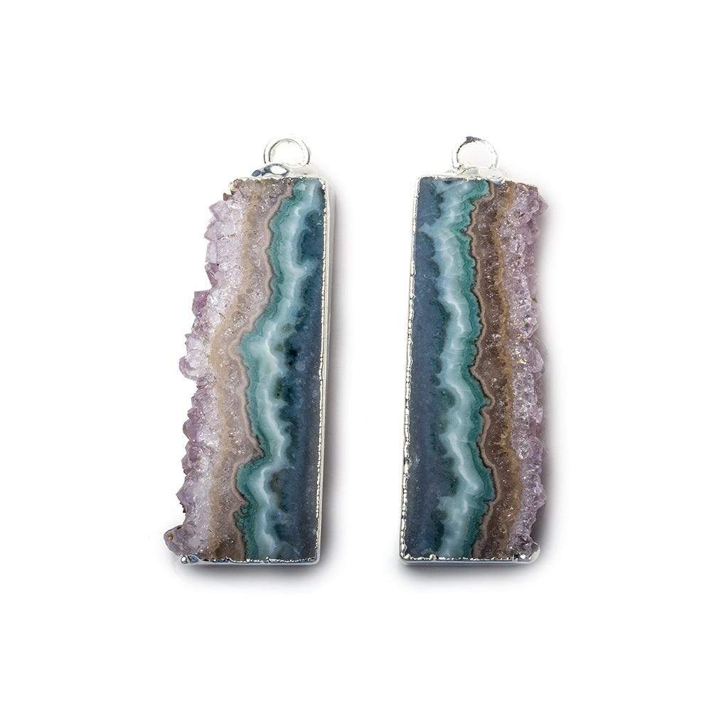 32x12mm Silver Leafed Amethyst & Chalcedony Drusy Natural Slice Pendant Set of 2 - Beadsofcambay.com