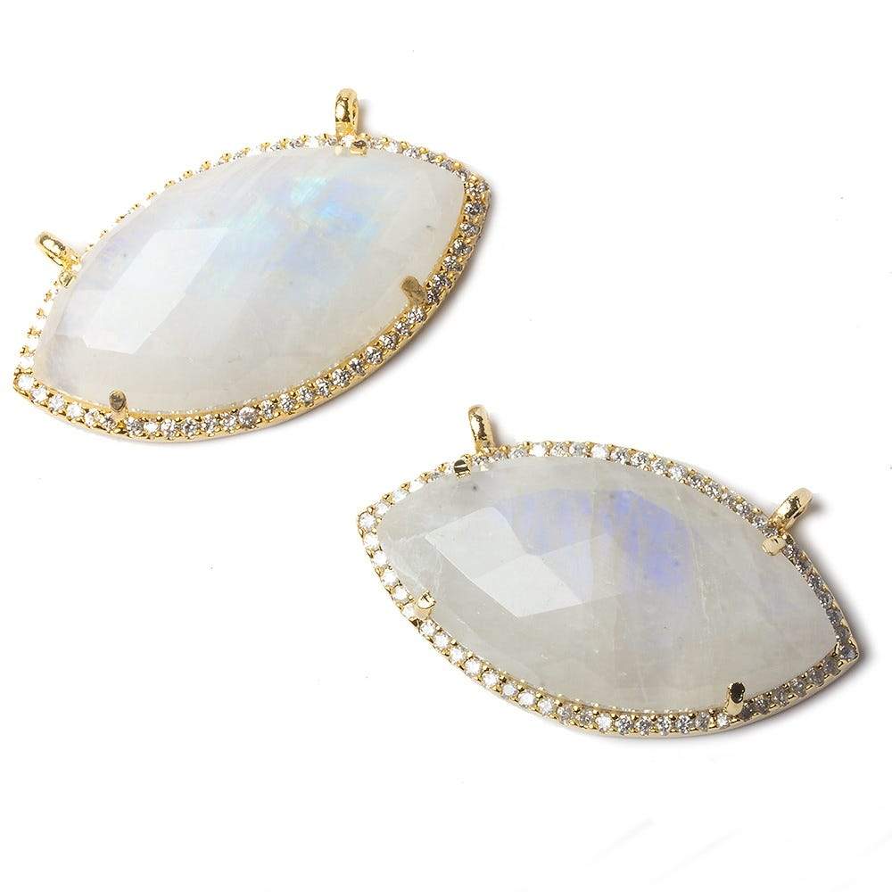32x17mm Gold Bezel CZ and Rainbow Moonstone Marquise Connector 1 focal bead - Beadsofcambay.com