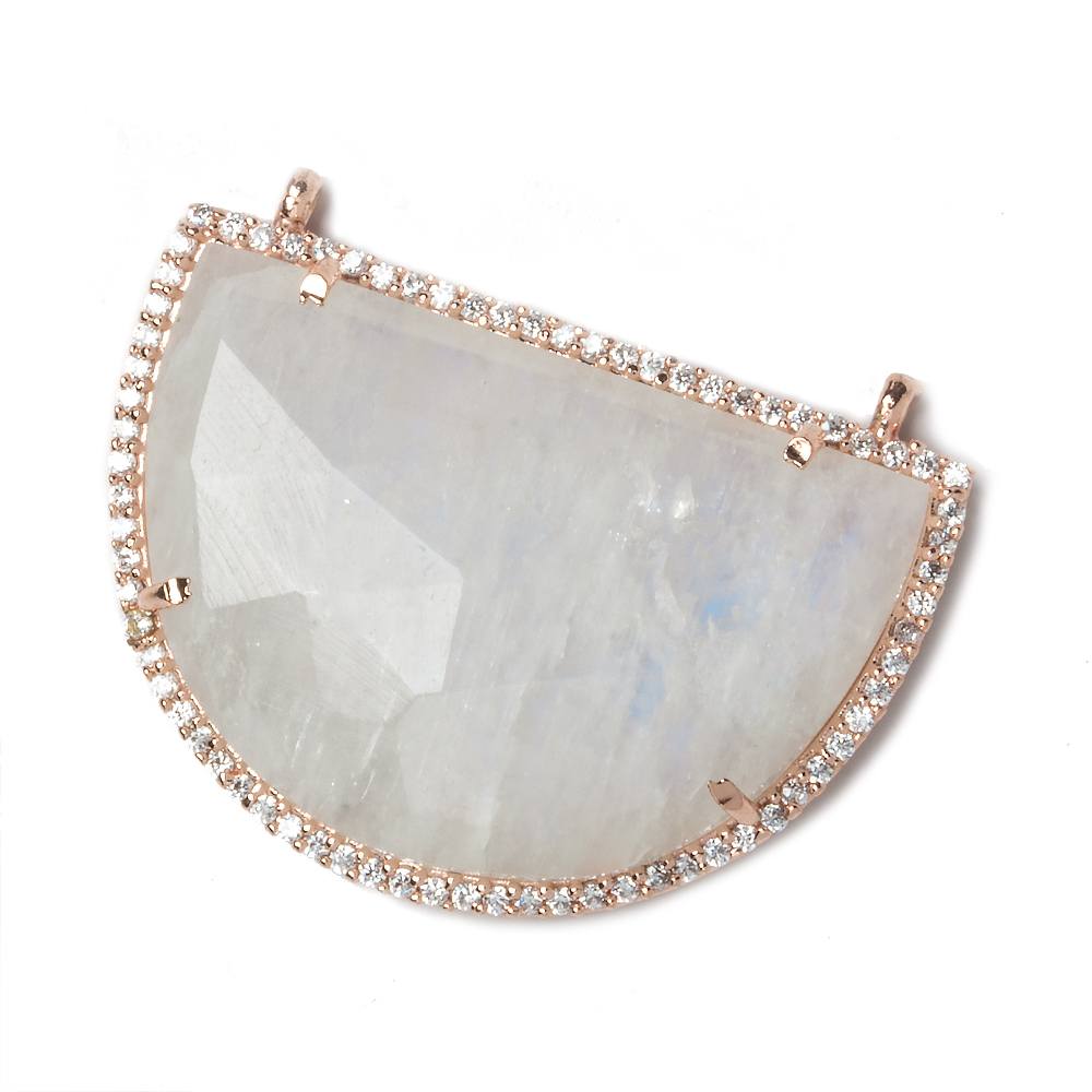 32x23mm Rose Gold Bezel CZ and Rainbow Moonstone Half Moon 2 ring Connector 1 piece - Beadsofcambay.com