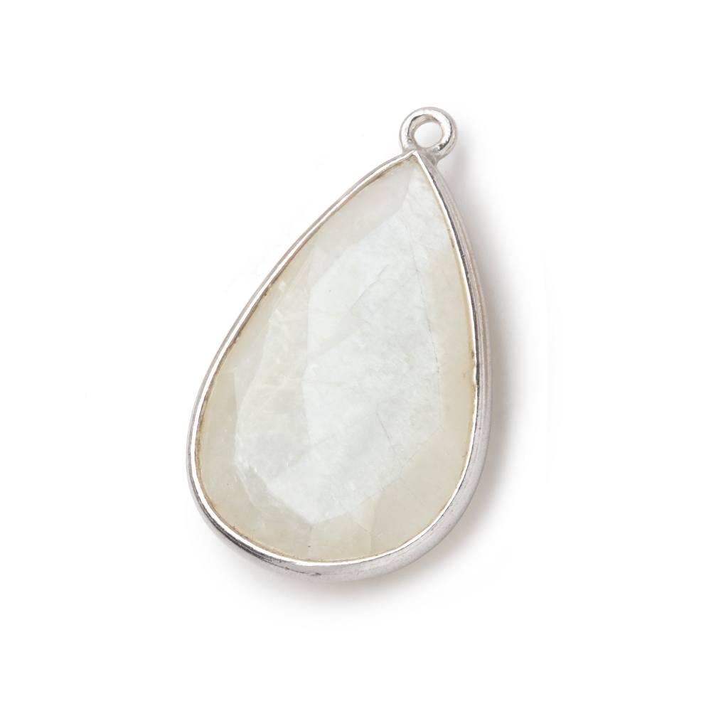 26x17mm Silver .925 Bezel White Moonstone faceted pear Pendant 1 piece - BeadsofCambay.com