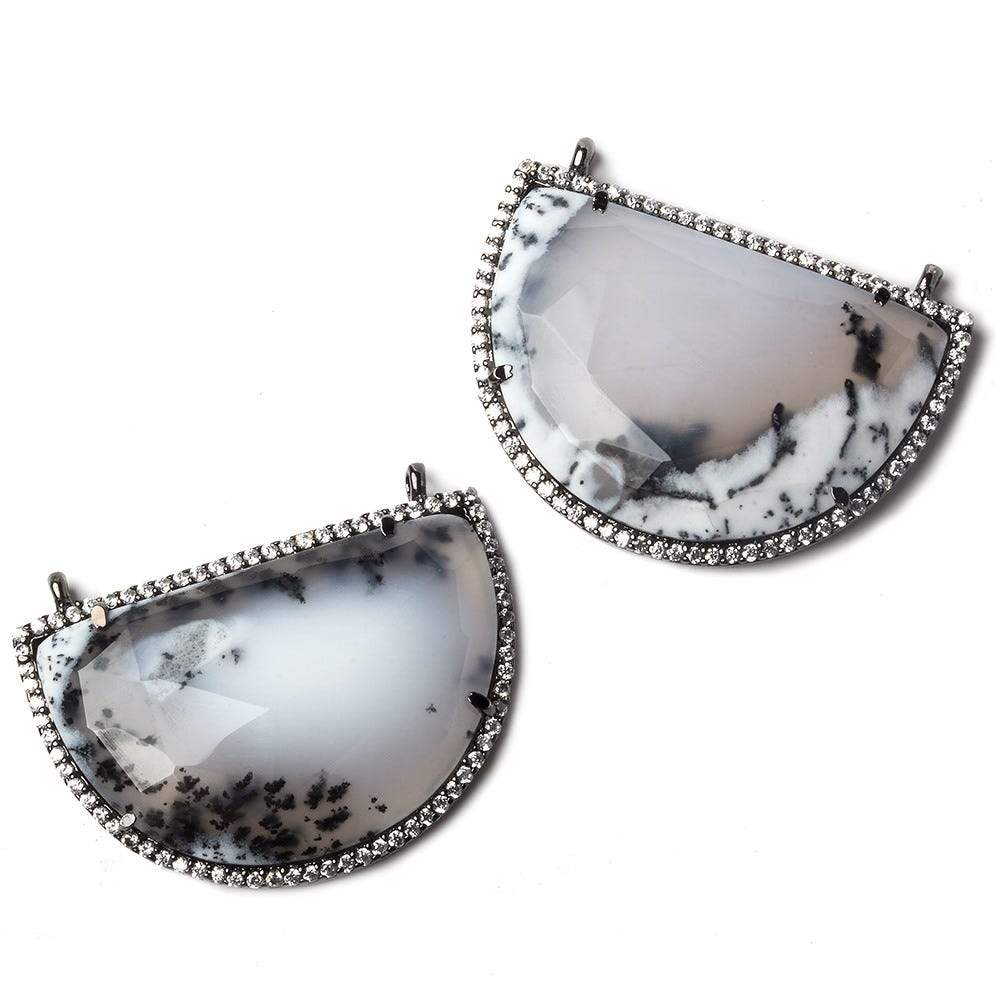33x20mm Black Gold Bezel CZ and Dendritic Opal Half Moon East West Connector 1 focal bead - Beadsofcambay.com