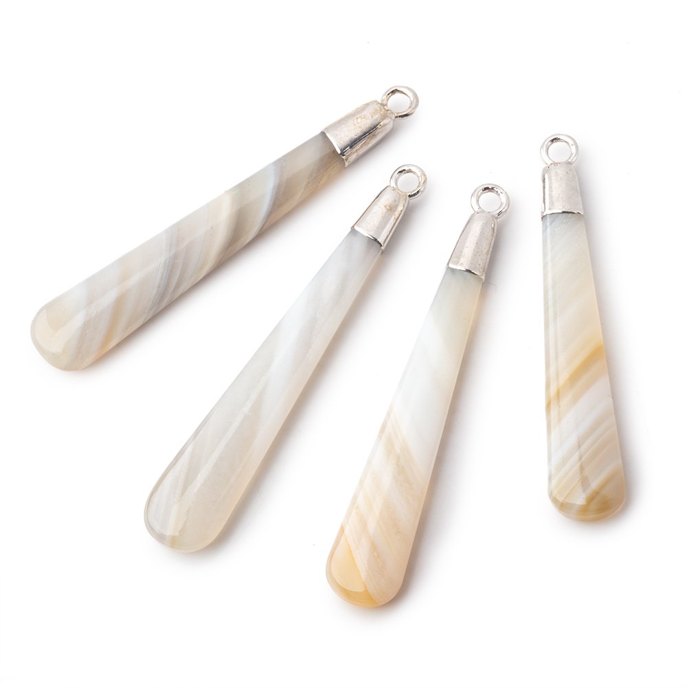 Silver Leafed Champagne Banded Agate pear Pendant 1 focal bead 38x6mm - BeadsofCambay.com