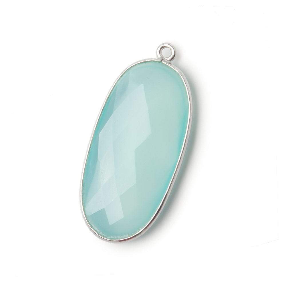 34x16mm Silver .925 Bezeled Seaglass Chalcedony faceted Oval Pendant 1 piece - Beadsofcambay.com
