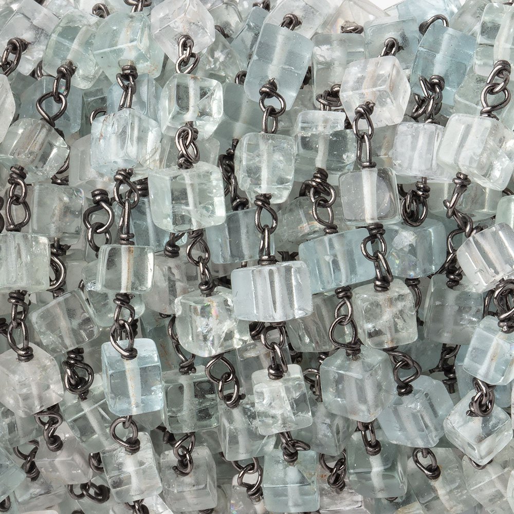 3.5-4mm Aquamarine Plain Cubes on Black Gold over .925 Silver Chain - Beadsofcambay.com