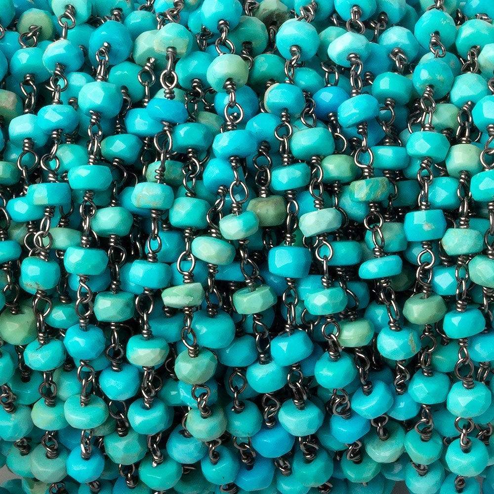 3.5-4mm Sleeping Beauty Turquoise faceted rondelle Black Gold .925 Silver Chain by the foot - Beadsofcambay.com