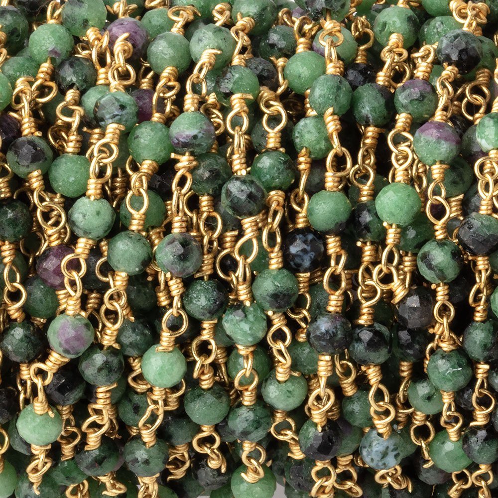 3.5mm Ruby in Zoisite Micro Faceted Rounds on Gold Plated Chain - Beadsofcambay.com