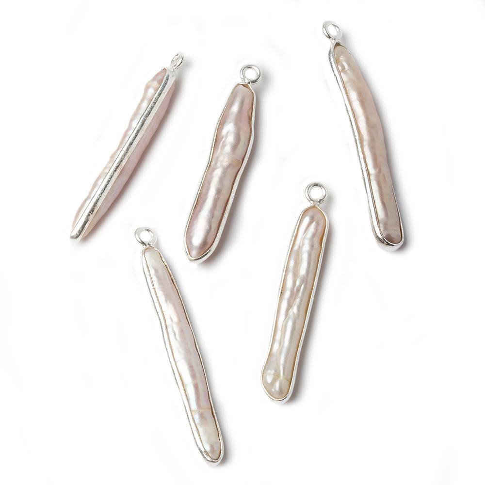 37x4mm Sterling Silver bezeled Light Peach Biwa Pearl 1 ring charm Pendant 1 piece - Beadsofcambay.com
