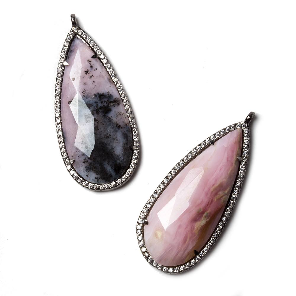 39x17mm Black Gold Bezeled White CZ & Pink Peru Opal Pear Pendant 1 pc - Beadsofcambay.com