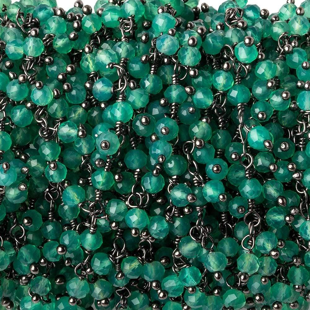 3mm Green Onyx micro faceted round Black Gold Dangling Chain by the foot - Beadsofcambay.com