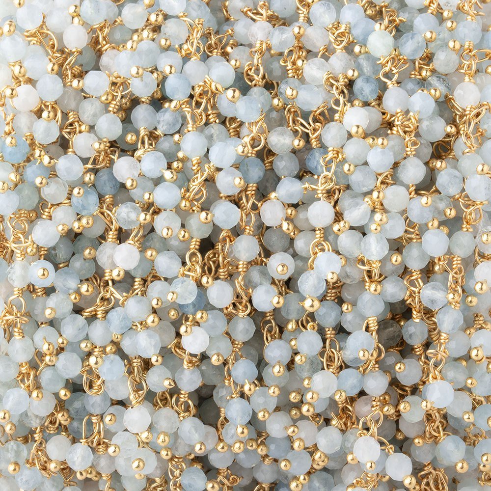 3mm Milky Aquamarine micro-faceted round Gold Dangling Chain by the foot - Beadsofcambay.com