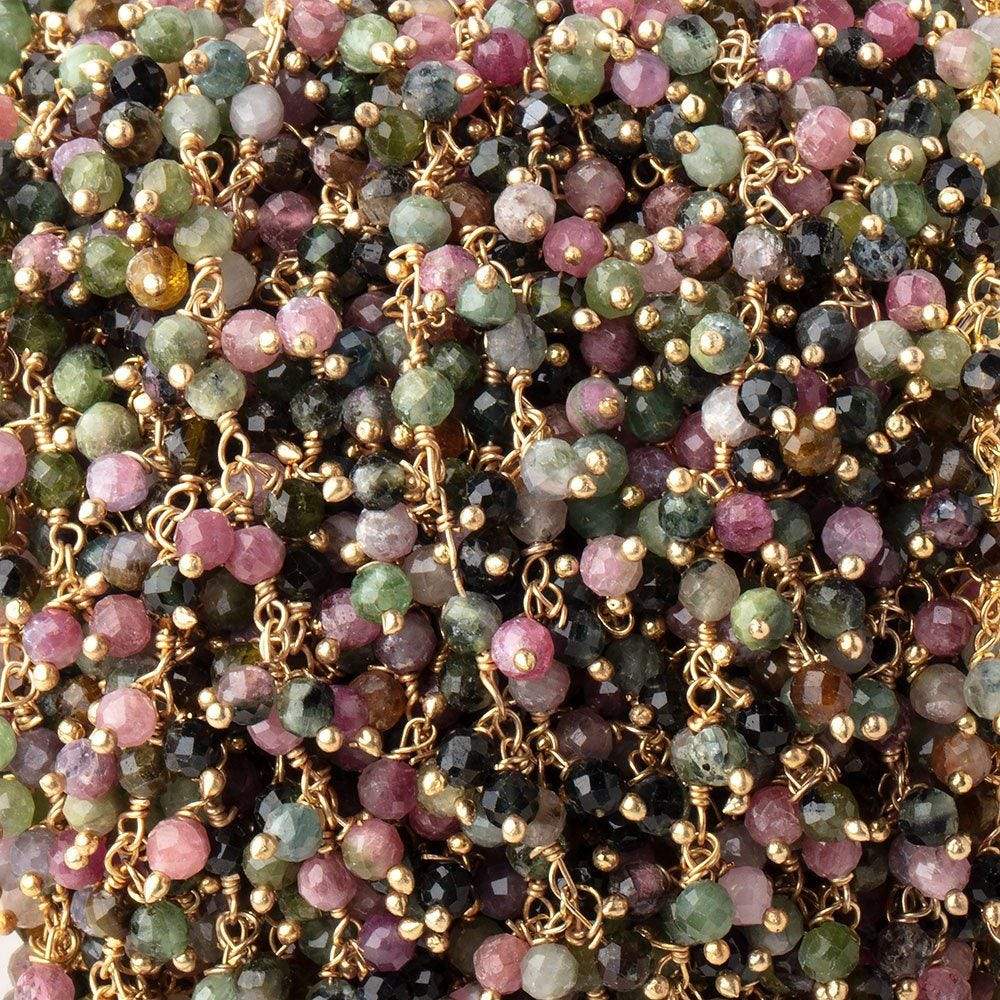 3mm Multi Color Tourmaline micro-faceted round Gold Dangling Chain by the foot - Beadsofcambay.com