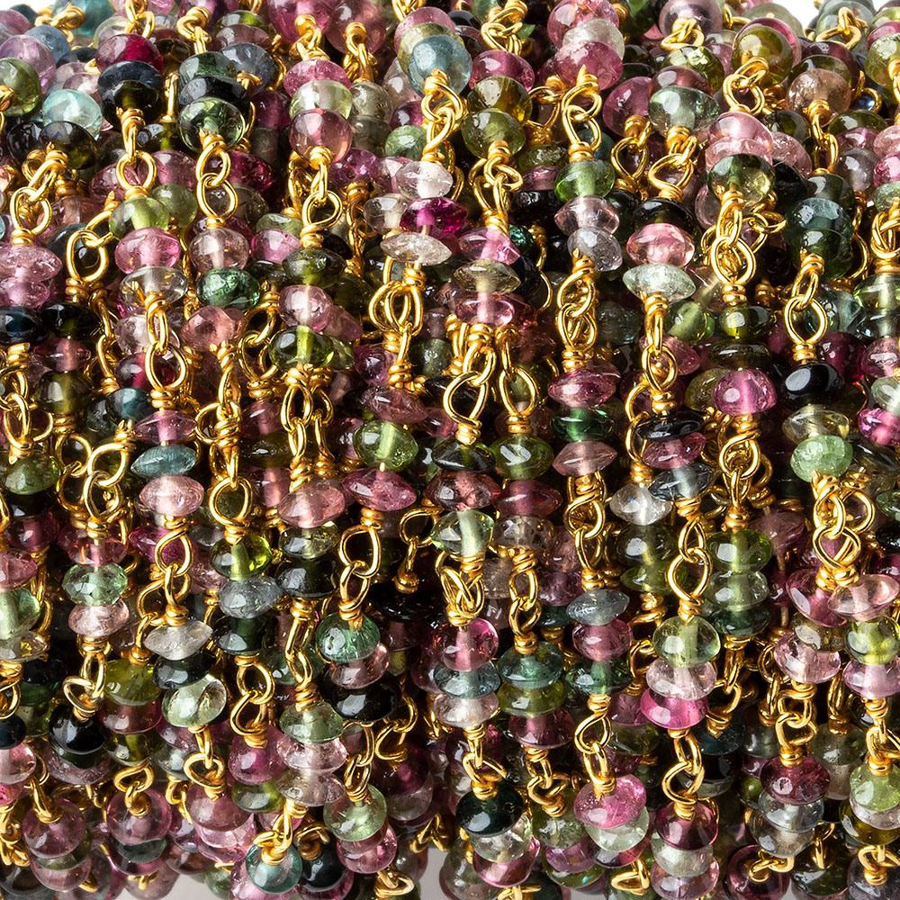 3mm Multi Color Tourmaline Rondelle Trio Vermeil Chain by the foot 90 beads per - Beadsofcambay.com