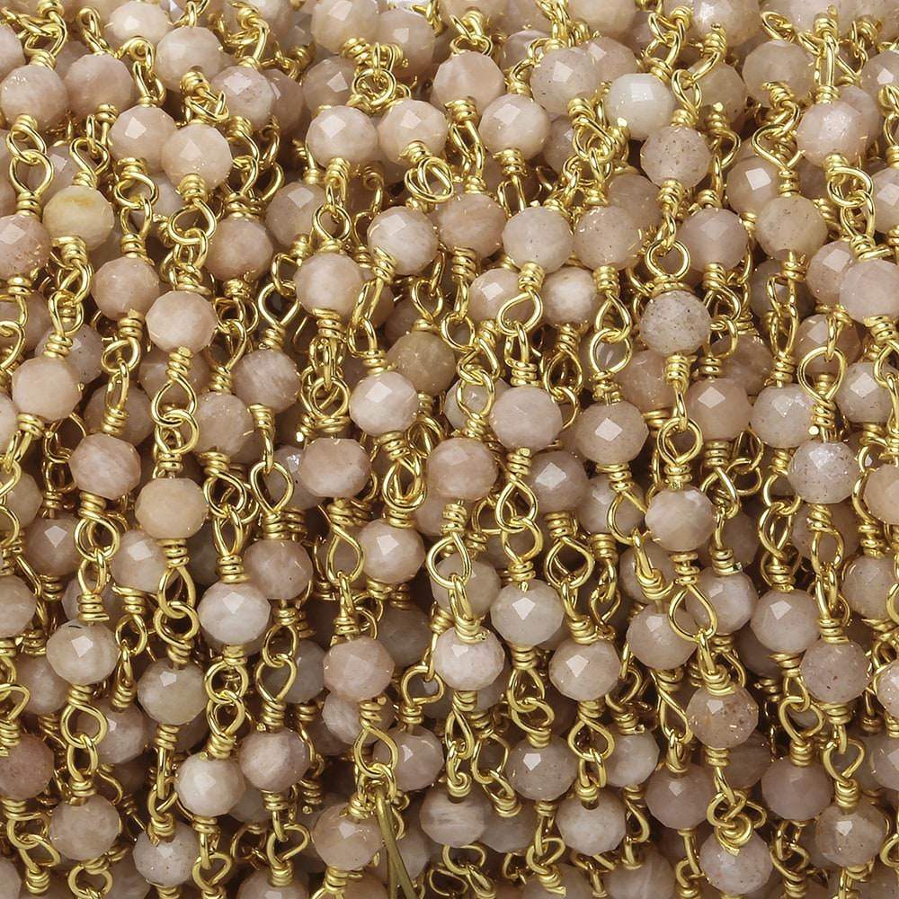 3mm Peach Moonstone micro-faceted rondelle Gold Chain by the foot 35 pieces - Beadsofcambay.com