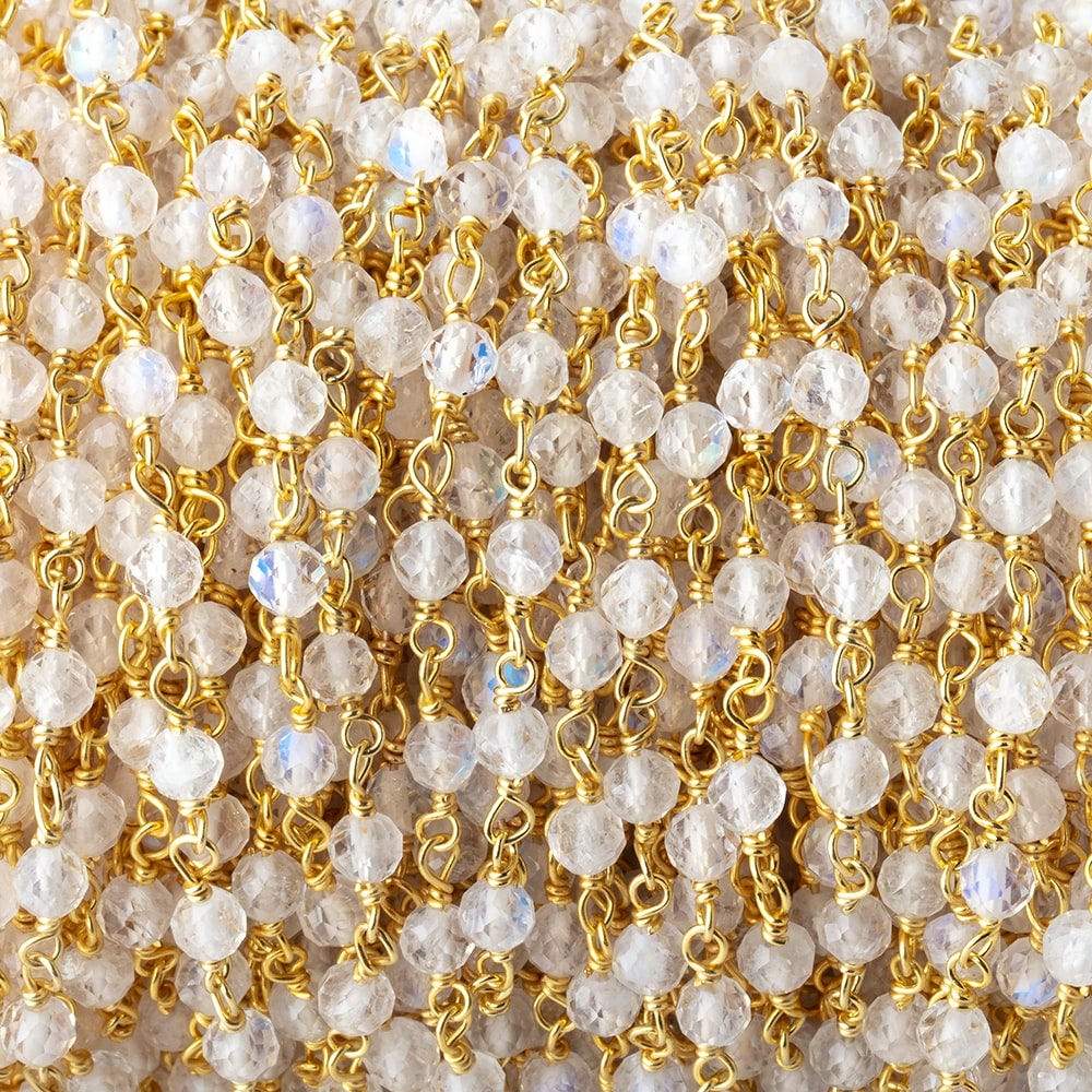 3mm Rainbow Moonstone Micro Faceted Rounds on Vermeil Chain by the Foot - Beadsofcambay.com