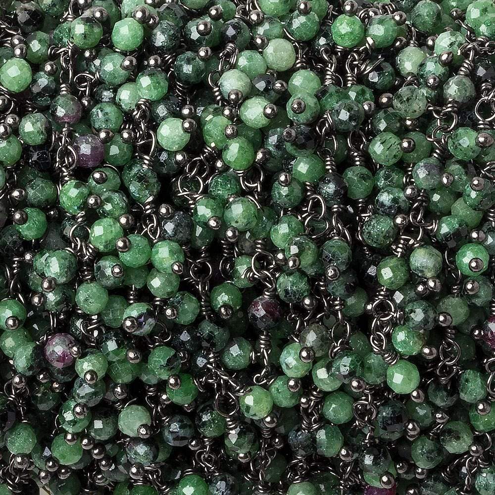 3mm Ruby in Zoisite micro-faceted round Black Gold Dangling Chain by the foot - Beadsofcambay.com