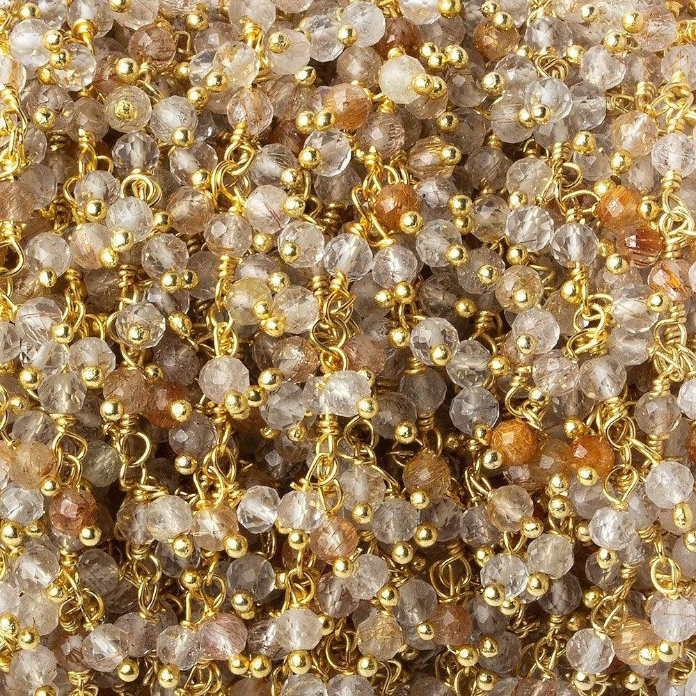 3mm Rutilated Quartz micro-faceted round Gold Dangling Chain by the foot - Beadsofcambay.com