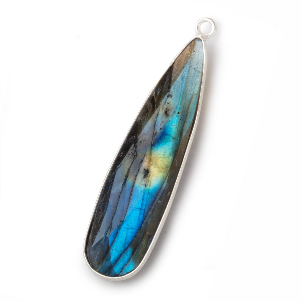 42x11mm Silver Bezeled Labradorite Faceted Pear Pendant 1 piece - BeadsofCambay.com