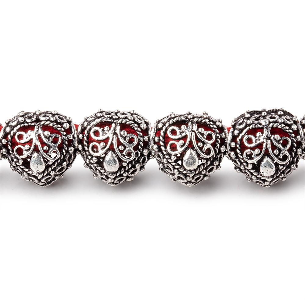 13mm Antiqued Sterling Silver Plated Copper Filigree Heart 8 inch 16 Beads - BeadsofCambay.com