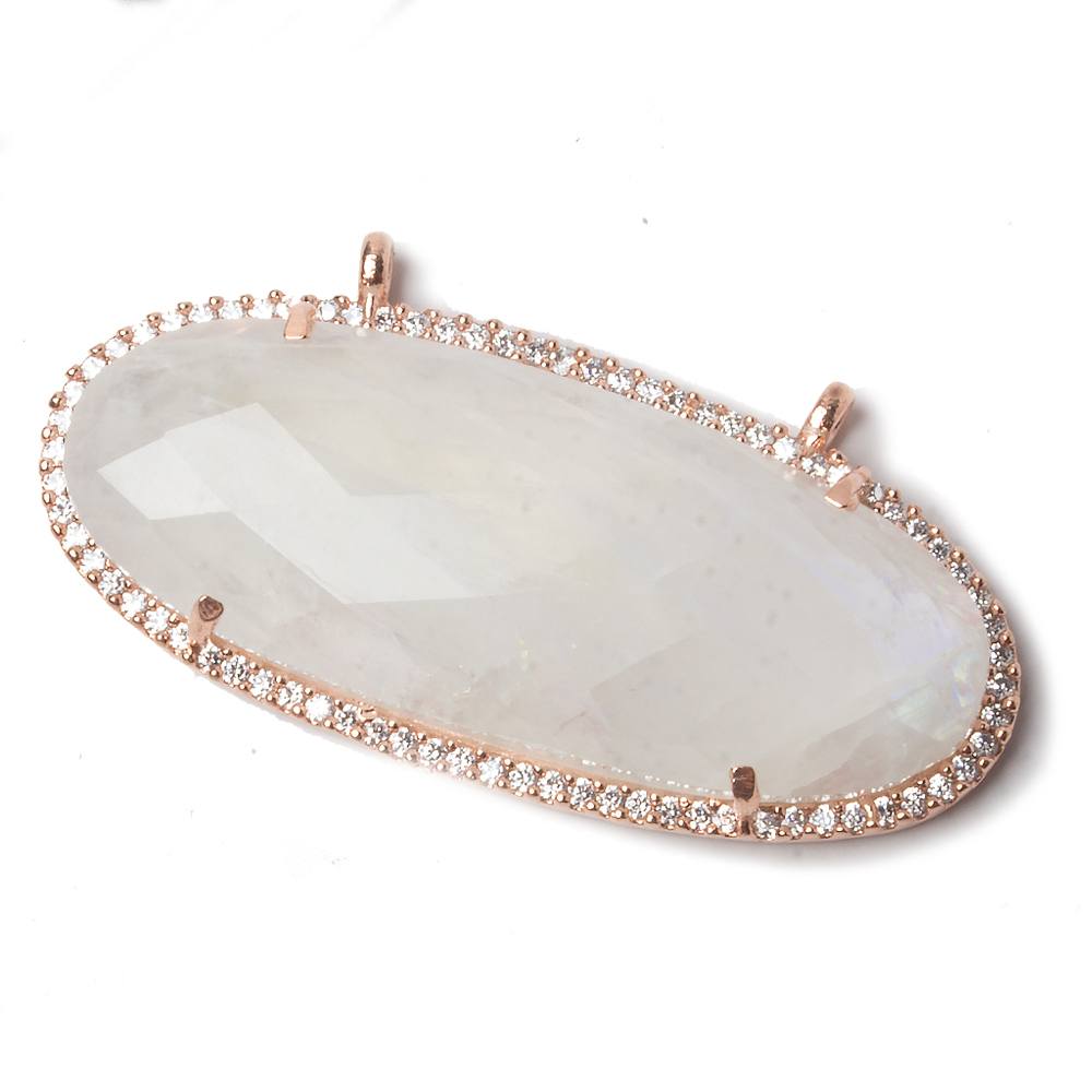 42x18mm Rose Gold Bezeled CZ & Rainbow Moonstone Oval East West Connector 1 pc - Beadsofcambay.com