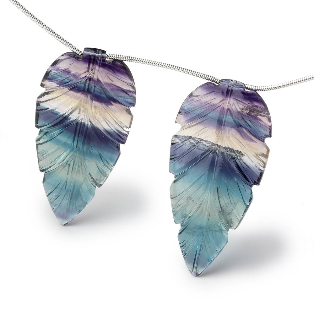 43x22mm Fluorite Hand Carved Leaf Set of 2 Focal Beads AAA - Beadsofcambay.com