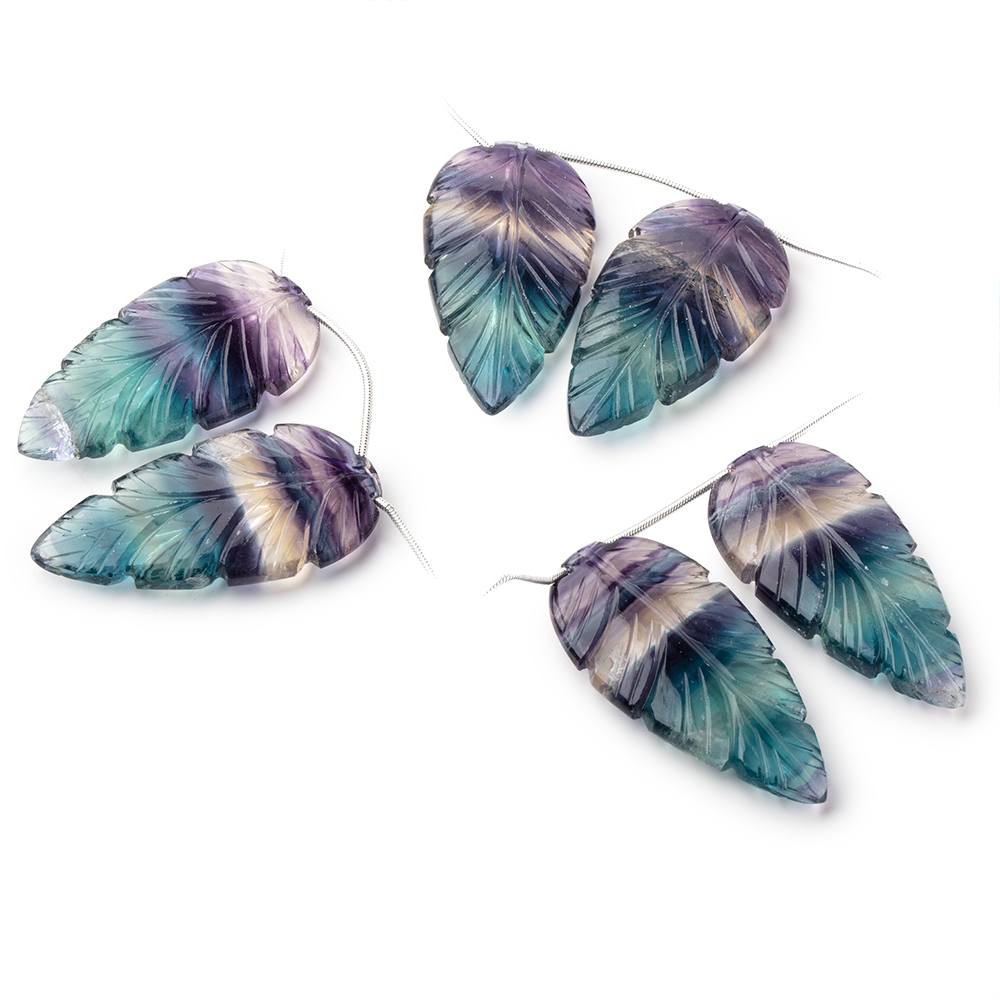 43x22mm Fluorite Hand Carved Leaf Set of 2 Focal Beads AAA - Beadsofcambay.com