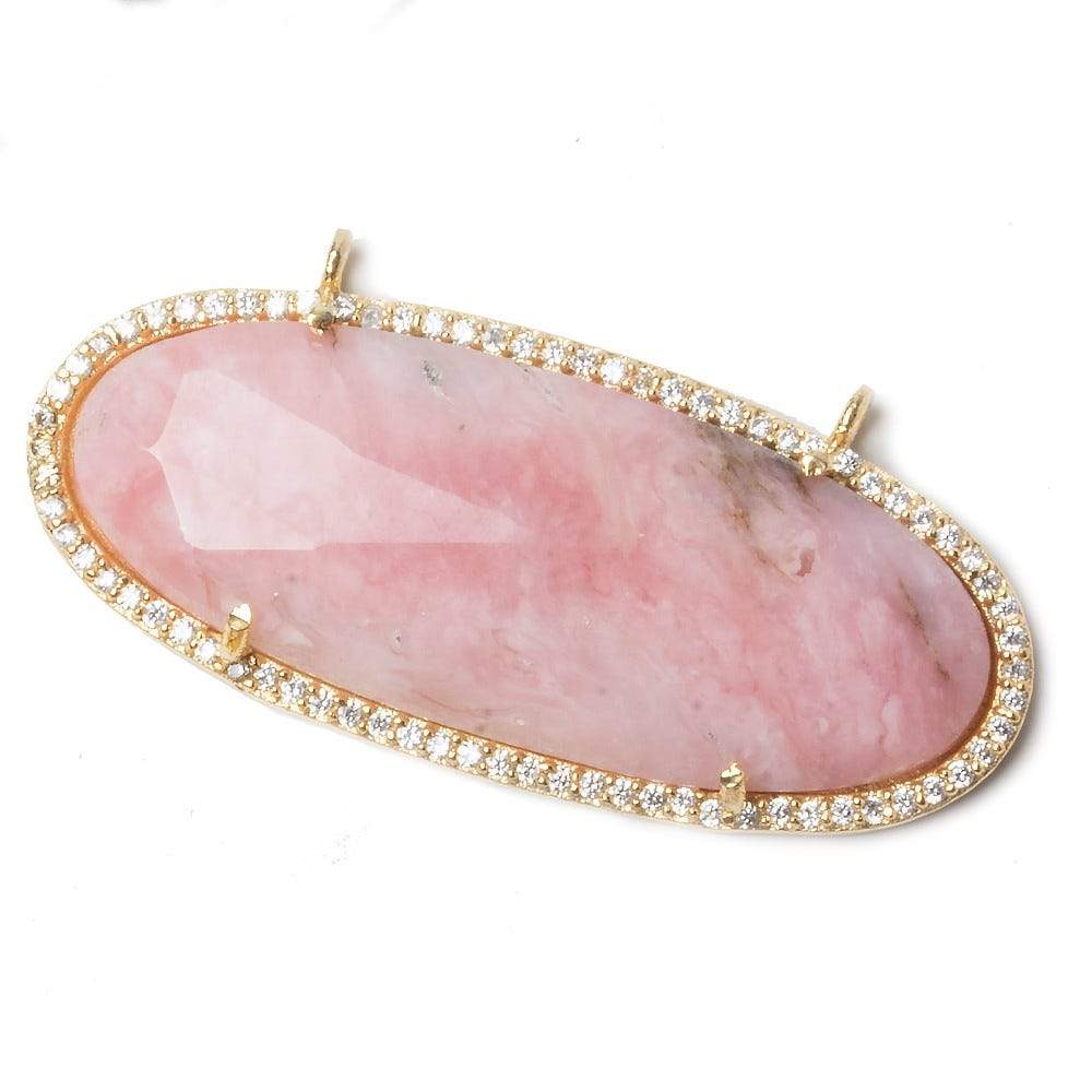 44x18mm Gold Bezeled CZ & Pink Peru Opal Oval East West Connector 1 pc - Beadsofcambay.com