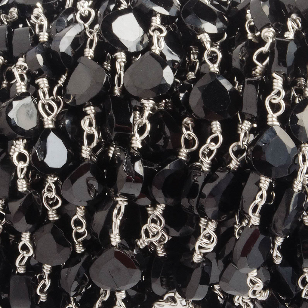 4.5-5mm Black Spinel Bezel Faceted Hearts on Silver Plated Chain by the foot 29 pcs - Beadsofcambay.com