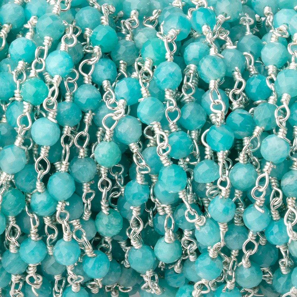 4mm Amazonite Micro Faceted Rounds on Silver Plated Chain - Beadsofcambay.com