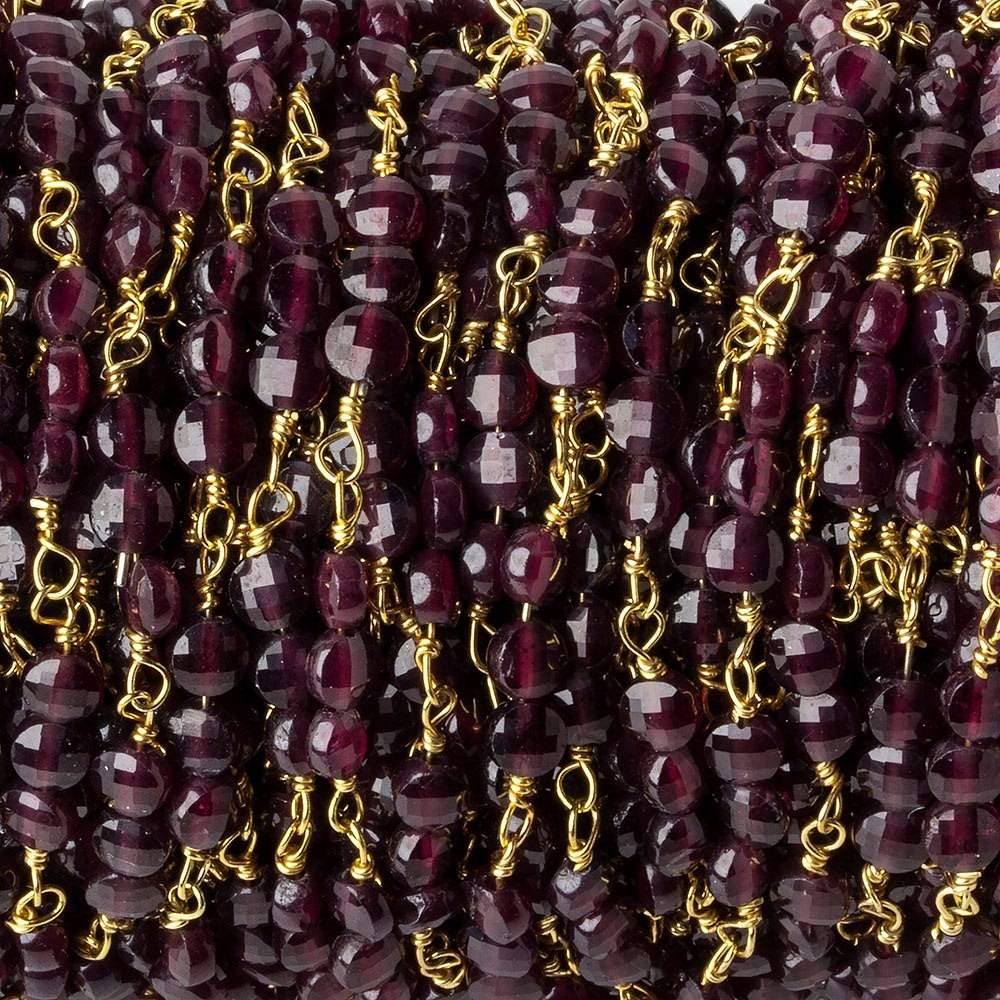 4mm Garnet faceted coin Trio Gold Chain by the foot 54 beads per length - Beadsofcambay.com