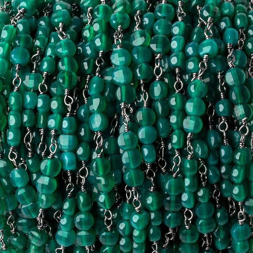 4mm Green Onyx faceted coin Trio Black Gold Chain by the foot 54 beads per length - Beadsofcambay.com