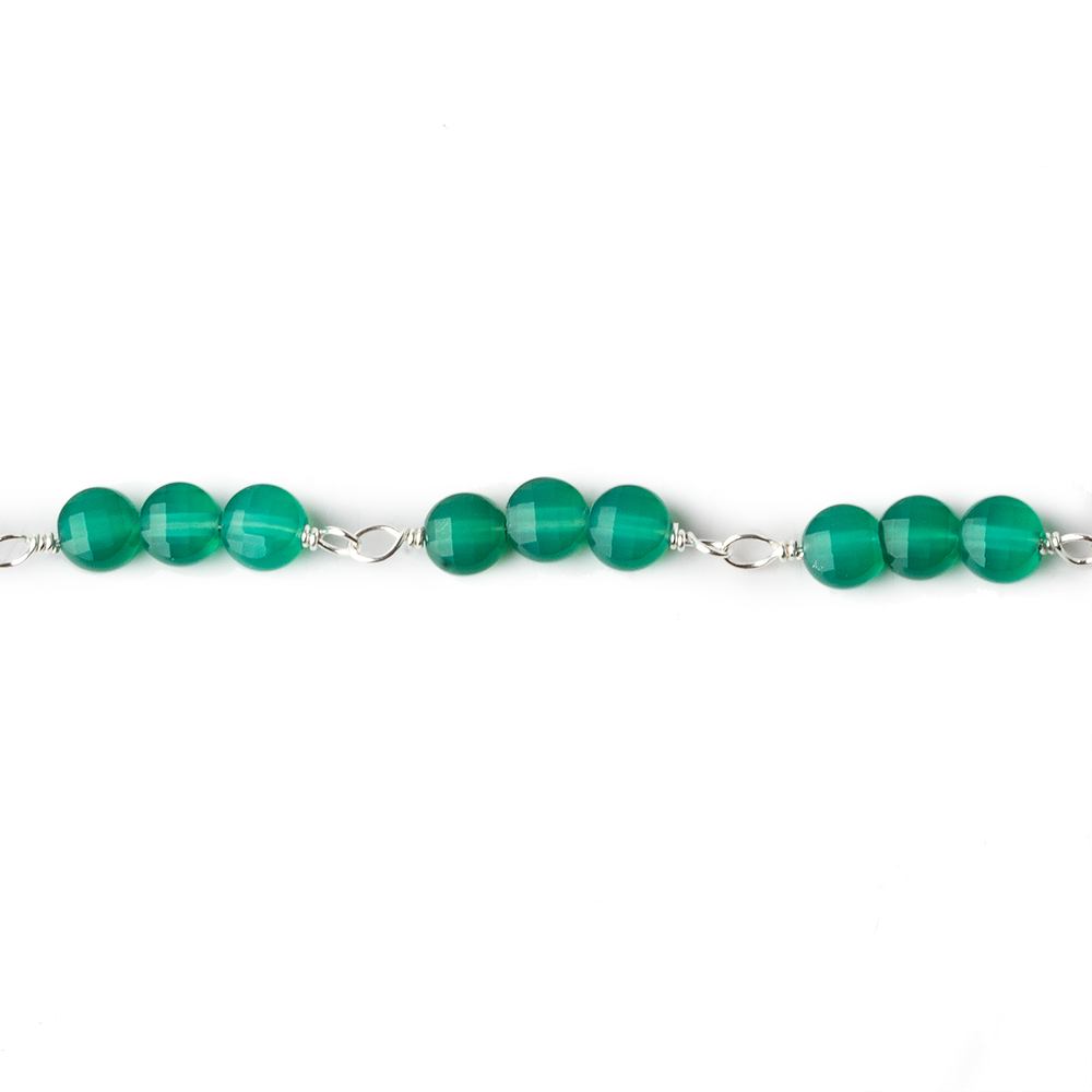 4mm Green Onyx faceted coin Trio Silver Chain by the foot 54 beads per length - Beadsofcambay.com