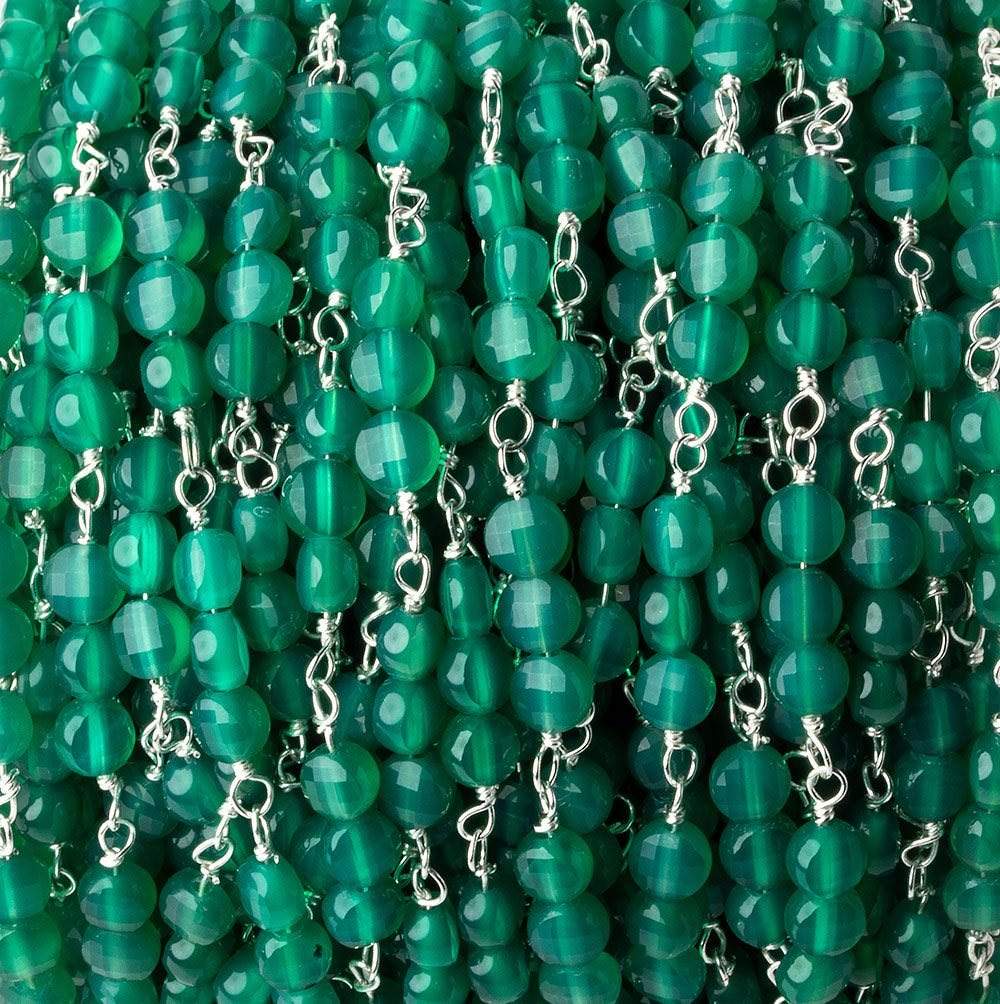 4mm Green Onyx faceted coin Trio Silver Chain by the foot 54 beads per length - Beadsofcambay.com