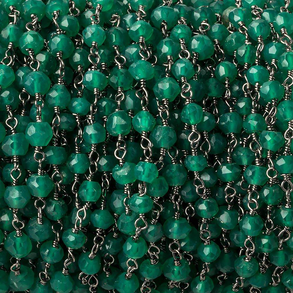 4mm Green Onyx faceted rondelle Black Gold plated Chain by the foot 33 beads - Beadsofcambay.com