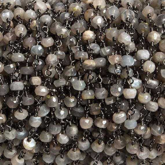 4mm Grey Moonstone faceted rondelle Black Gold Chain by the foot 34 pieces - Beadsofcambay.com